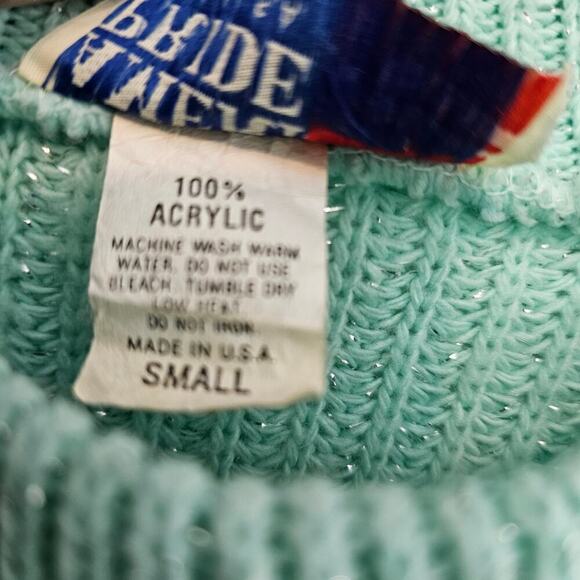 Vintage 80s Metallic Sweater Womens Large Knit Blue Mock Neck Coquette Grandma - Picture 7 of 8